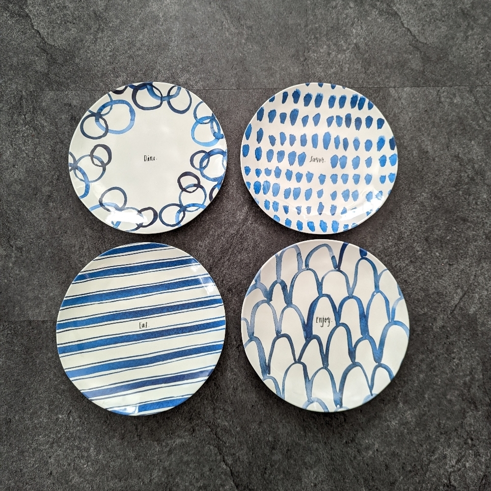 Rae Dunn Melamine blue watercolor plate set Eat savor enjoy dine
